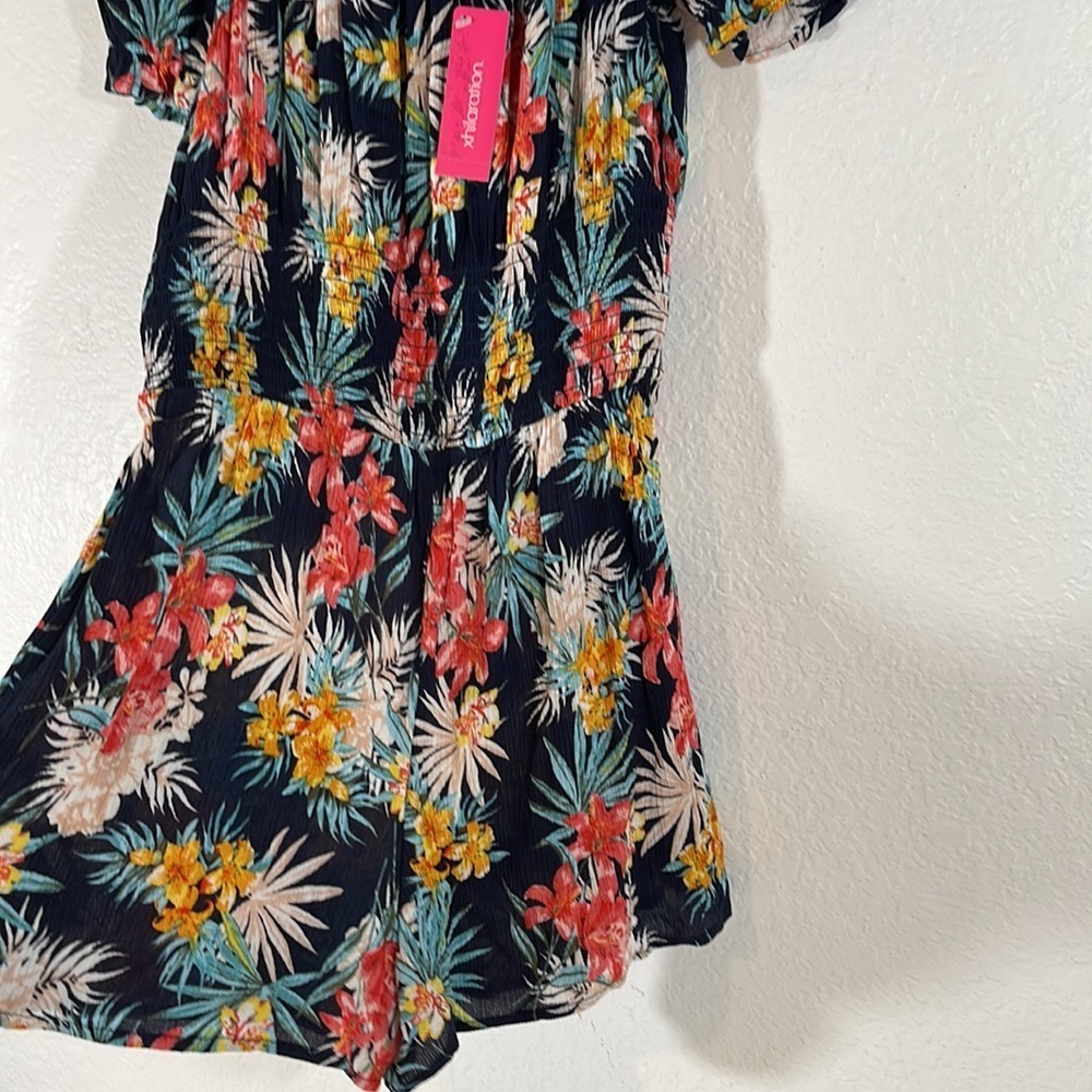Xhilaration Romper Medium Navy Colorful Floral Off the Shoulder Size Small New - Picture 2 of 8